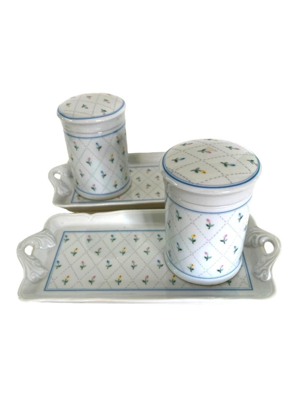 Vintage Napcoware Japan Floral Lattice Vanity Lidded Dresser Jars w/ Trays 1960s